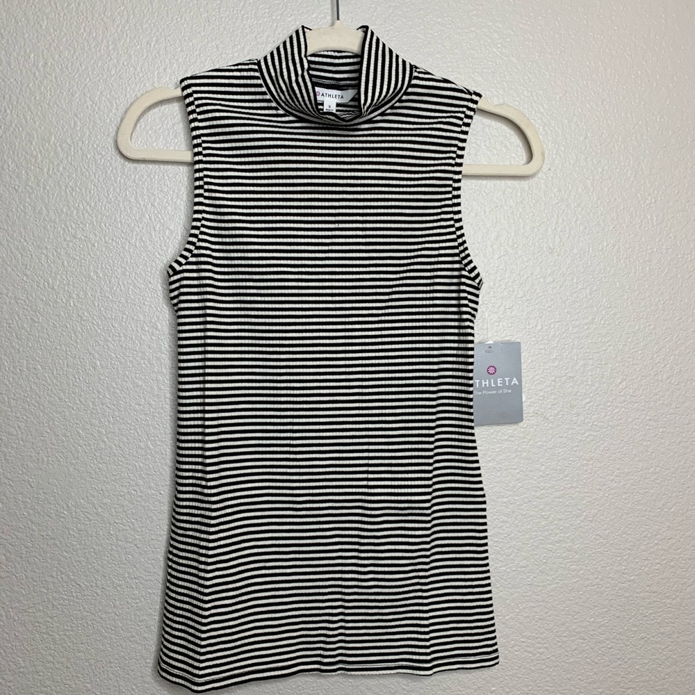 ATHLETA Rib Turtleneck Tank Black & White Stripe